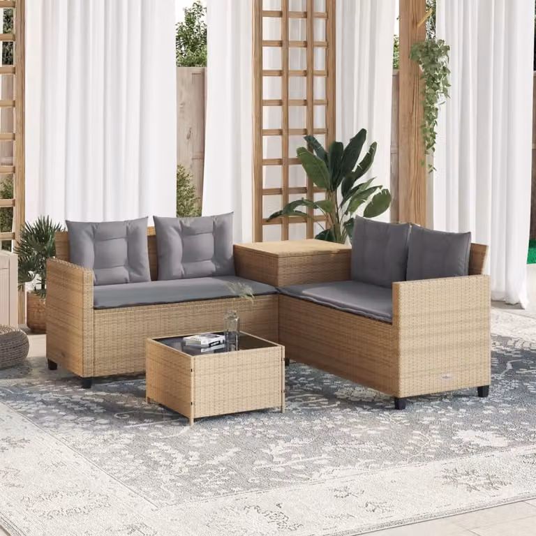 Set da giardino vidaXL a forma di L con divano angolare, tavolo da caffè e cuscini beige in polyrattan e struttura in metallo