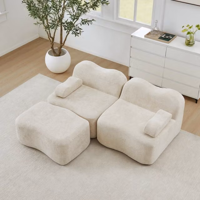 Divano angolare modulare 192x167x70 cm con pouf collegabile in velluto beige