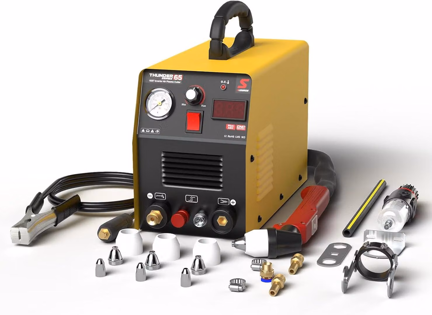Tagliasigaro a plasma da 65 ampere con accensione a arco pilota, tecnologia inverter, display LCD e design portatile