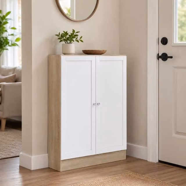 Scarpiera Sanba, Mobile portascarpe, Armadio da ingresso multiuso, Mobiletto per calzature, 79x28 h107 cm, Quercia e Bianco
