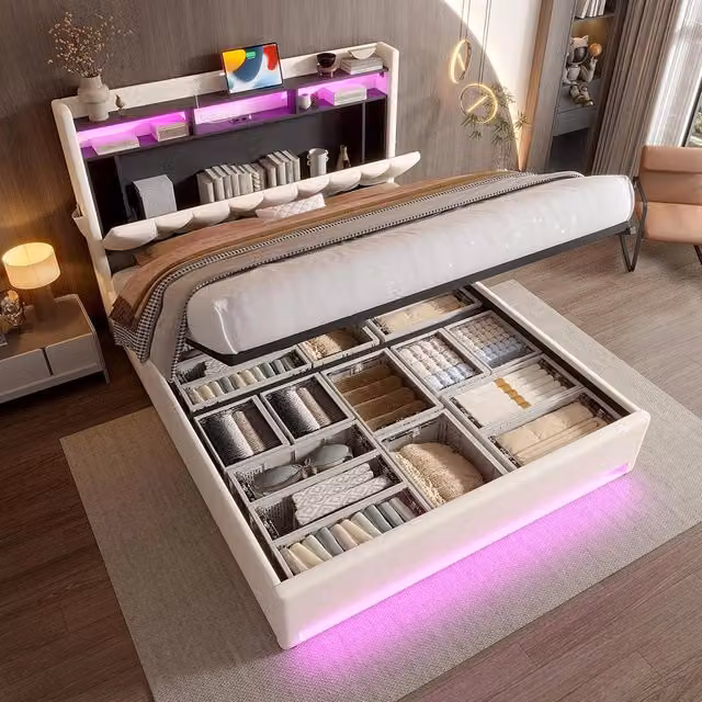 Letto 140x200cm imbottito - Xylo - beige USB-C idraulico LED