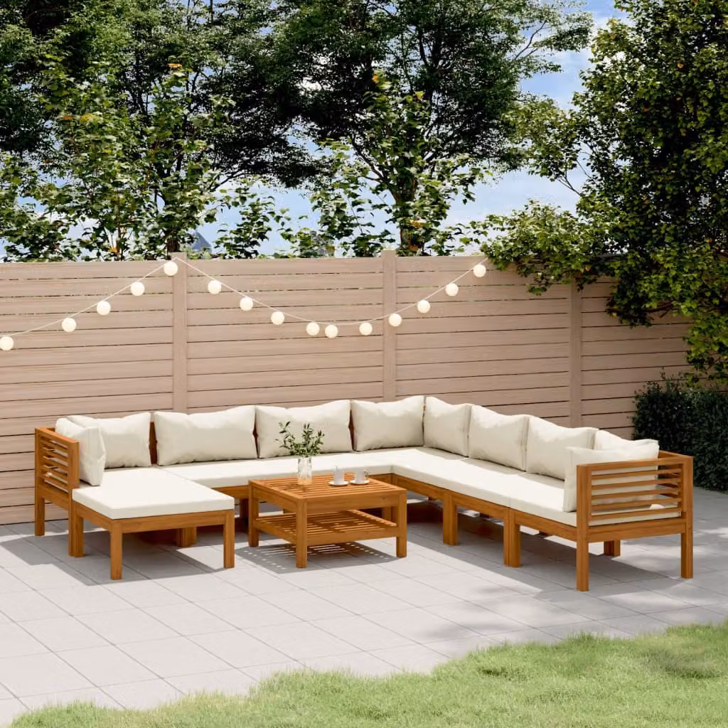 The Living Store Set da 9 pezzi per salotto da giardino con cuscini crema Legno massiccio di acacia