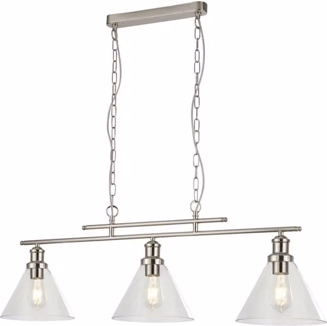 Lampadario Contemporaneo Piramide Acciaio Argento Vetro Trasparente 3 Luci E27