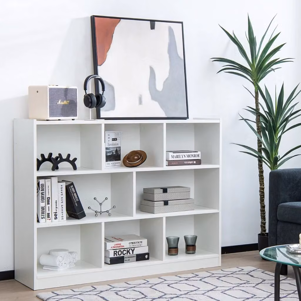 Libreria moderna DESIGN IN con 8 cubi in legno e MDF, mobiletto espositore bianco per salotto, camera da letto o studio, L: 93 cm, H: 32 cm, P: 32 cm – 2