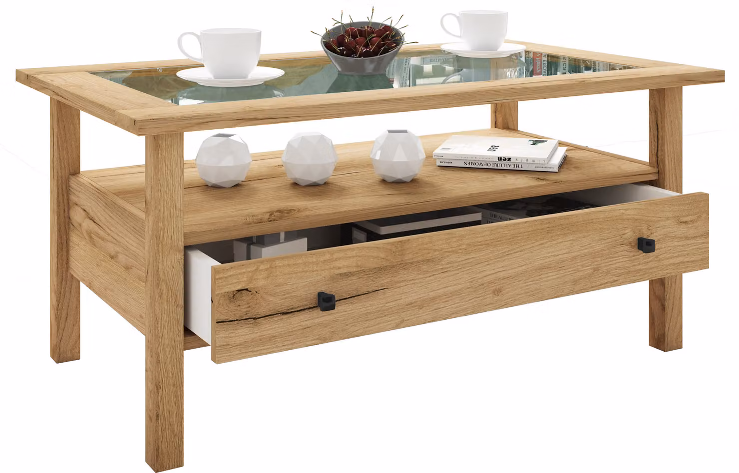 Tavolino in legno con vetro di sicurezza ESG | Tavolino semplice | Dimensioni ca. H. 42 x W. 90 x D. 54 cm | Tavolo soggiorno con cassetto | Divano - Lingis L