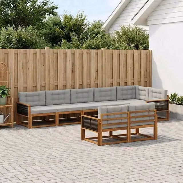 Set di divani da esterno a forma di U vidaXL in legno di acacia con cuscini beige e grigi per giardino e terrazza