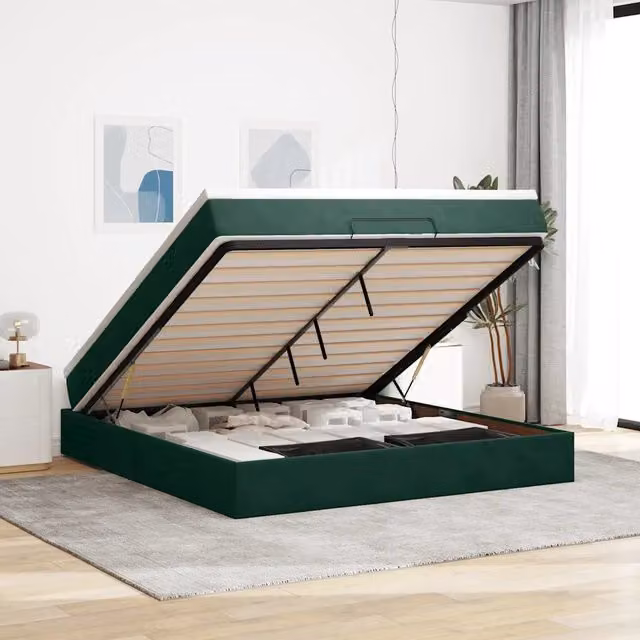 Letto con contenitore a sollevamento vidaXL in velluto verde e bianco con materasso L: 160 cm, P: 200 cm, H: 280 cm – 1