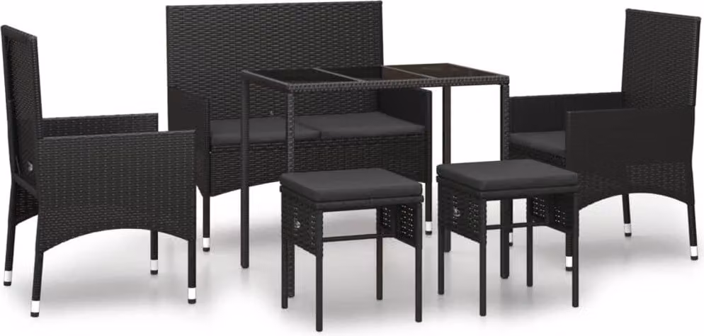 Set Mobili da Giardino 6 pz con Cuscini in Polyrattan Nero