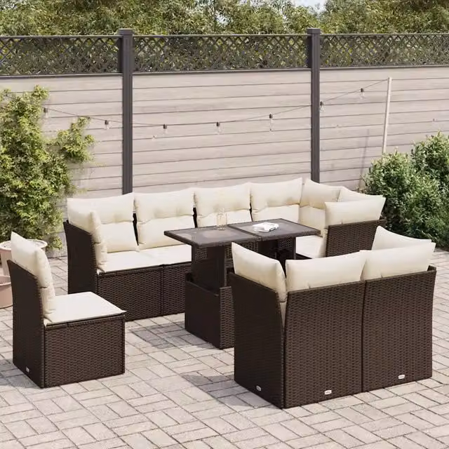 Set Divani da Giardino 9pz con Cuscini Marrone in Polyrattan 3326184