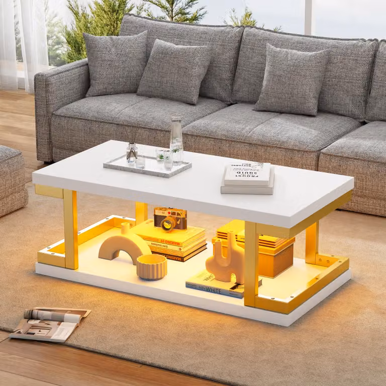 Tavolino rettangolare con illuminazione LED, dimensioni 100 x 50 x 37,5 cm, realizzato in MDF al 100%, metallo, colore bianco e oro, con vano aperto e illuminazione a LED