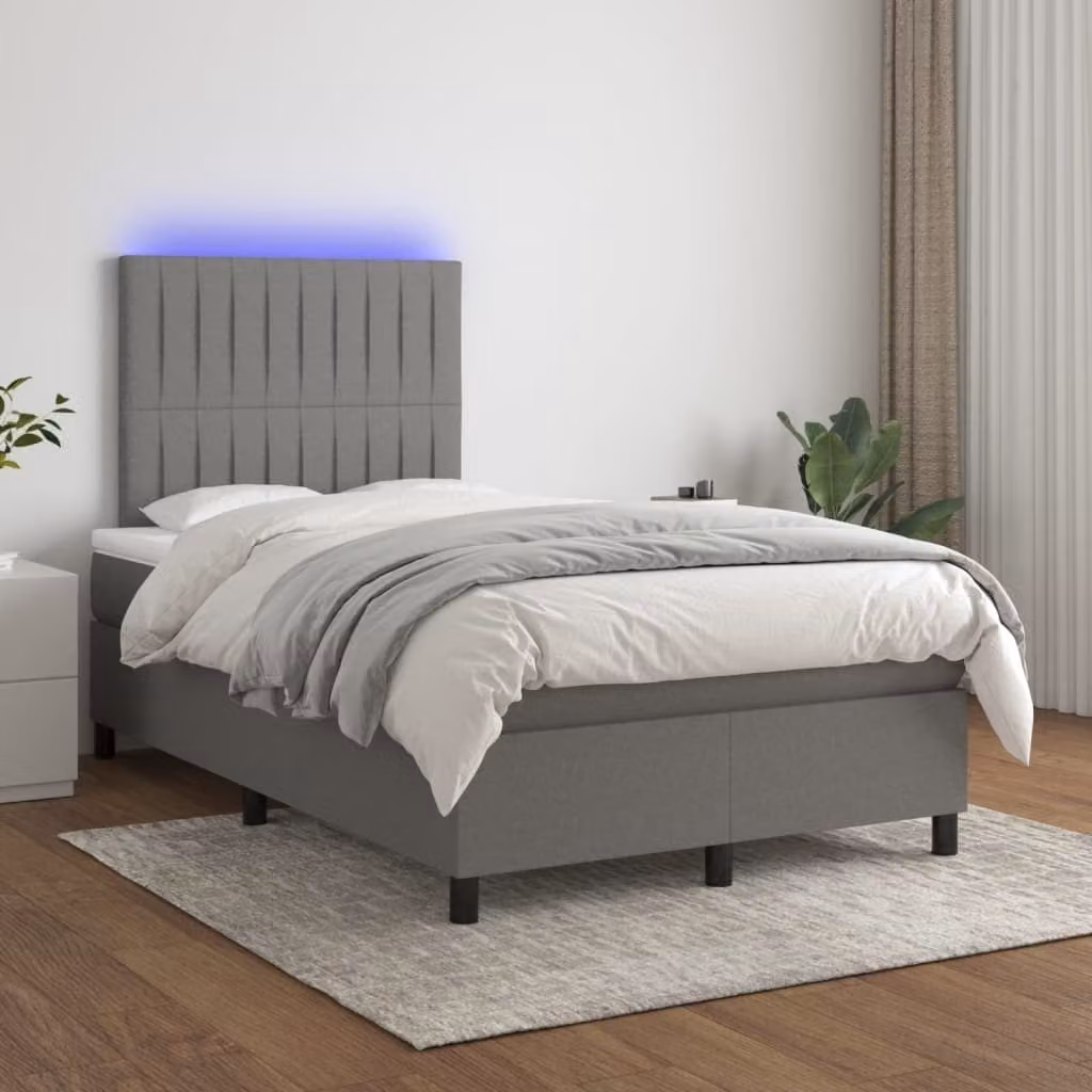 The Living Store Letto a molle con materasso e LED in tessuto grigio scuro 120x200 cm