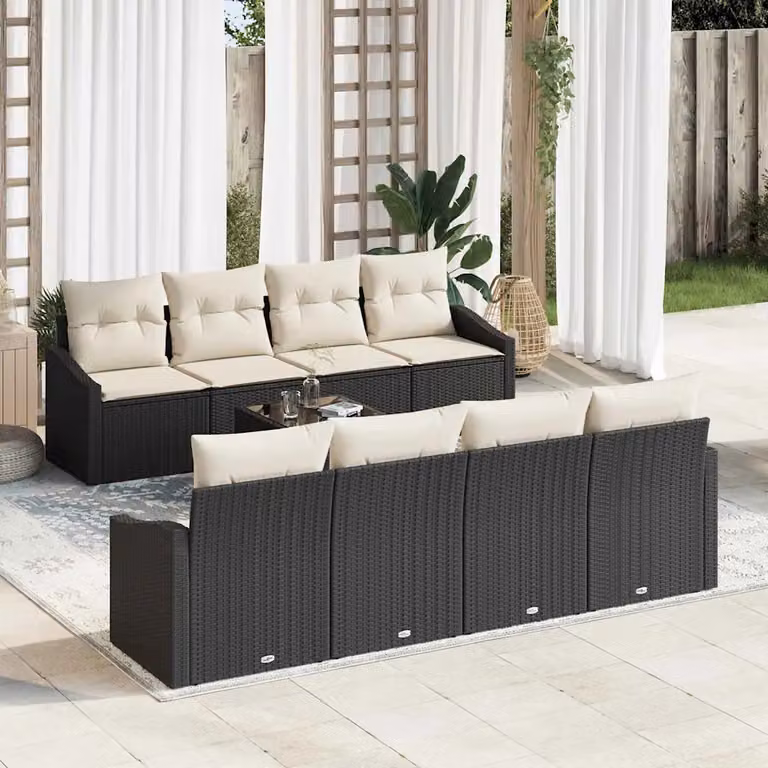 Set di divani da giardino vidaXL in rattan con cuscini e tavolino da esterno, 9 pezzi, Nero e Beige