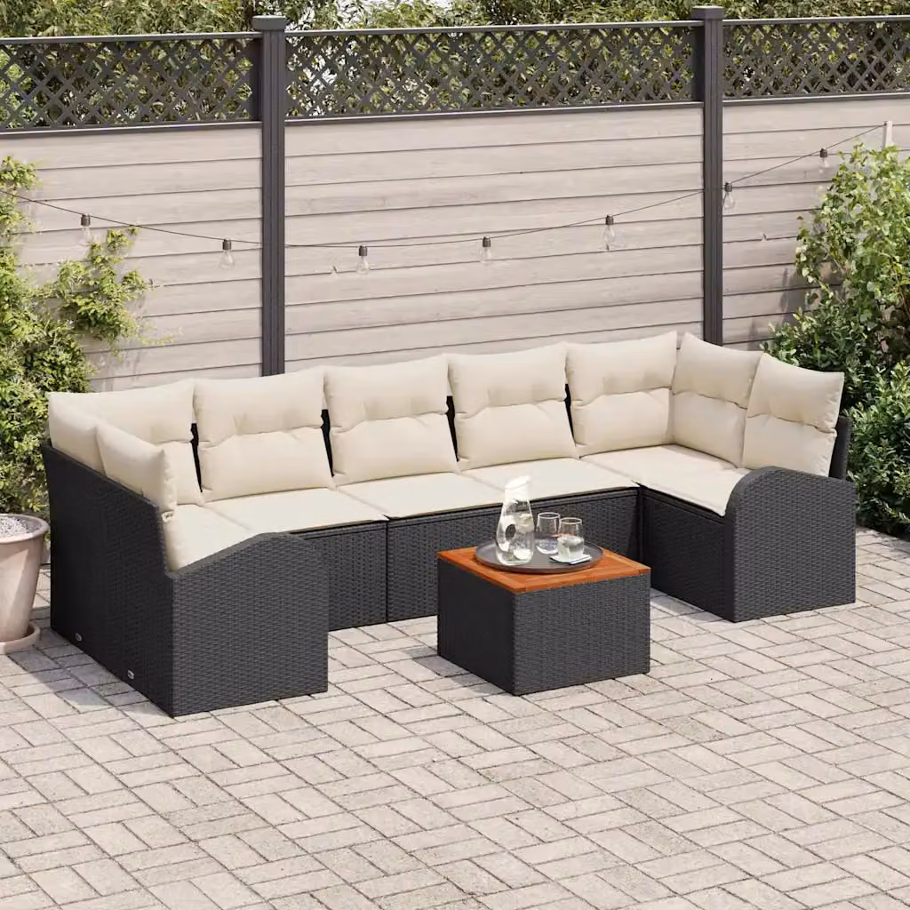 Set Divano da Giardino vidaXL 8 Pezzi a Forma di L con Tavolino, Colore Nero e Beige, Struttura in Metallo e Polyrattan con Cuscini Inclusi – 1
