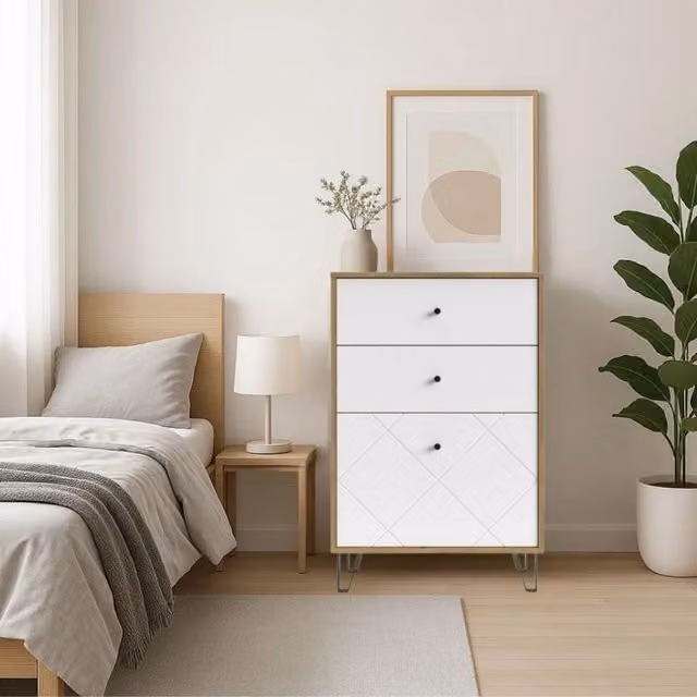 Cassettiera BolloBO18 con 2 cassetti e anta, colore rovere e bianco, L: 63.4 cm, P: 40 cm, H: 95.55 cm