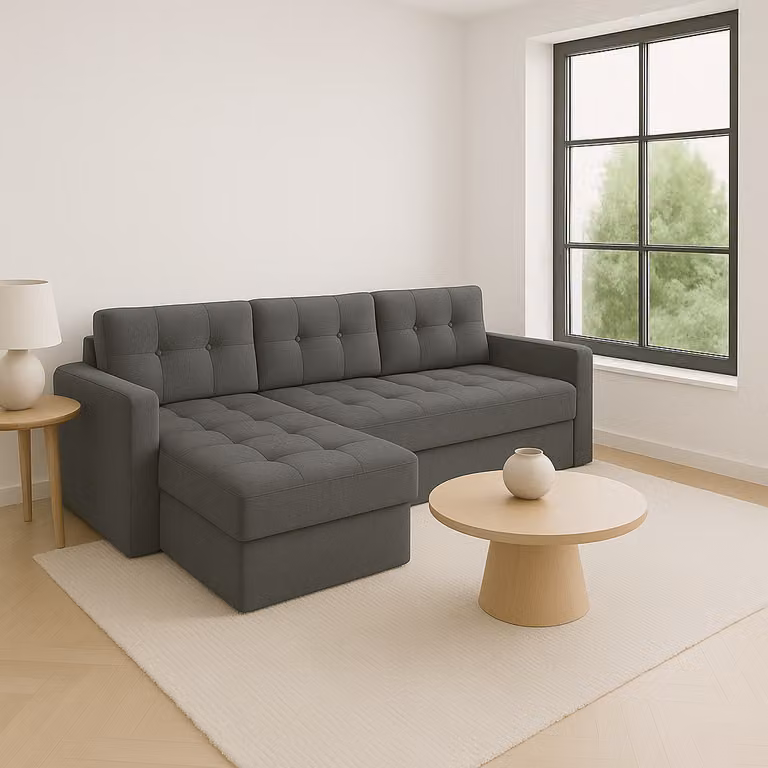 Divano ad angolo GUTTO con funzione letto, grigio IVIO I, in tessuto velour dai colori di tendenza. Imbottitura moderna. HIT 2025!!!