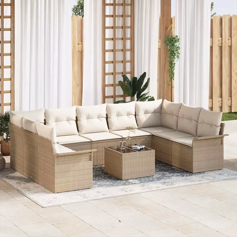Set Divano da Giardino vidaXL 10 Pezzi Marrone e Beige con Cuscini e Tavolino da Caffè in Polyrattan e Acciaio