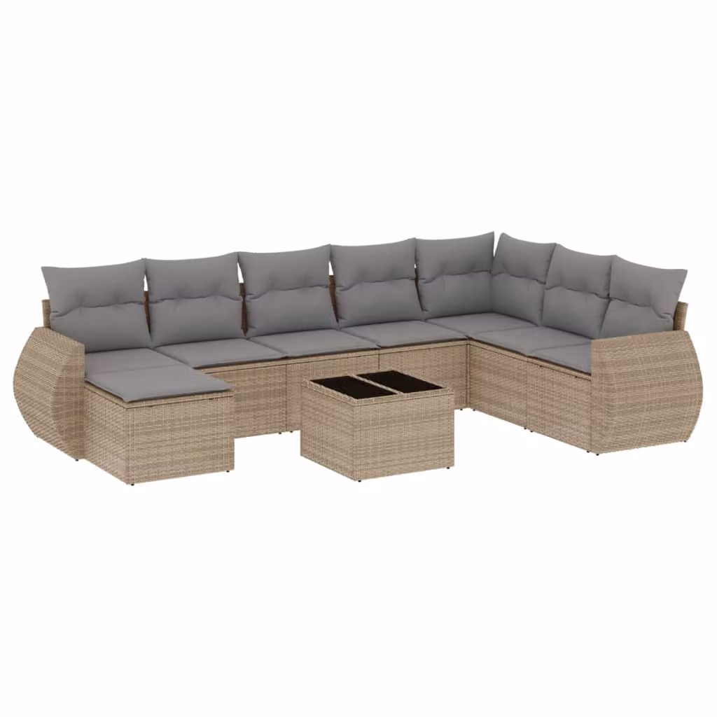 Set Divano da Giardino 9 pz con Cuscini Beige in Polyrattan