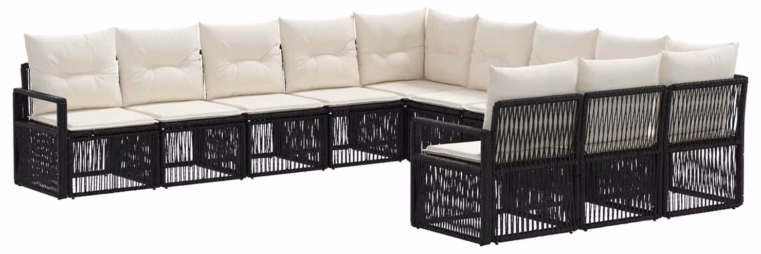 Set da giardino composto da 11 pezzi, colore nero, realizzato in rattan sintetico