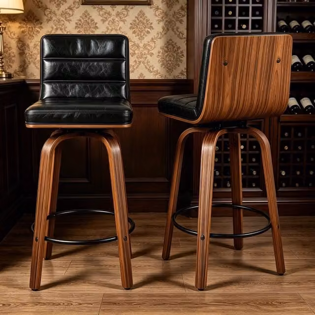 Sgabello da bar girevole 360 OKWISH in ecopelle nera con schienale ergonomico e poggiapiedi in metallo e legno di faggio