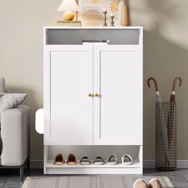 Scarpiera ULEVR 73x34x109 cm con 2 ante, ripiani regolabili e vani aperti, bianca