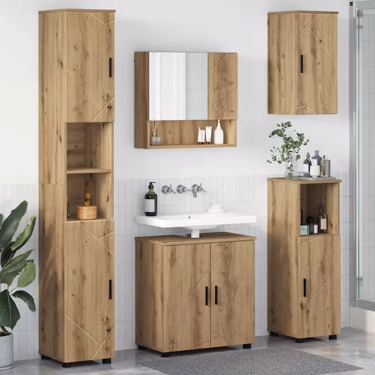 Set di mobili per il bagno moderno vidaXL in 5 pezzi color rovere con armadietto a specchio, mobile alto e mobile laterale, L/P/H: 74.46 x 61.0 x 192.0 cm