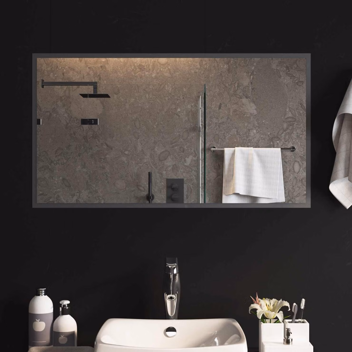 Specchio da bagno moderno vidaXL con illuminazione LED in vetro temperato, L: 90 cm, H: 50 cm