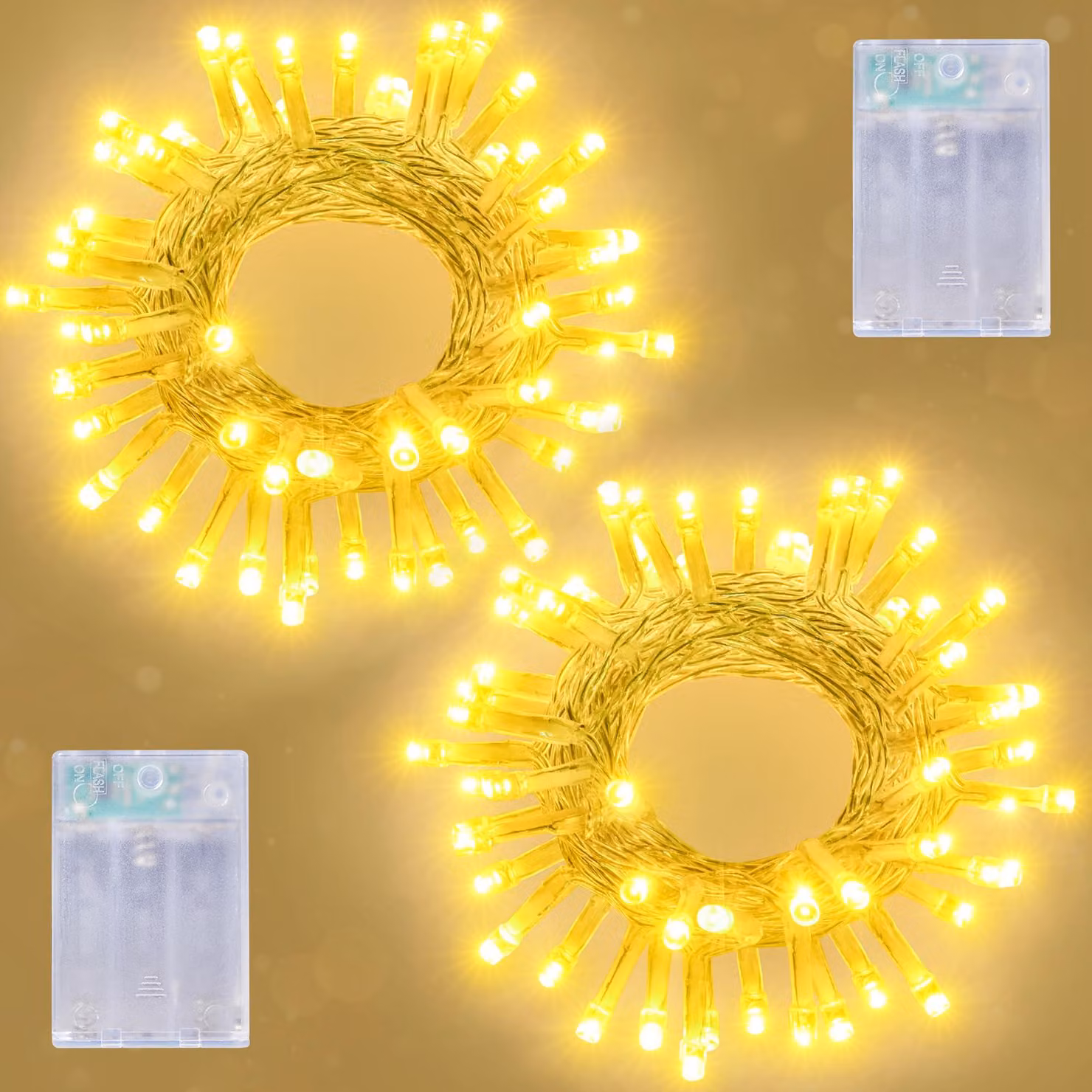 Confezione da 2 catene luminose a LED, lunghezza 5 metri, luce bianco caldo, alimentazione a batteria, con timer