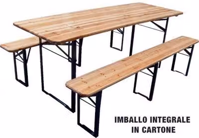 Set da Birreria Domus composto da Tavolo e 3 Panche in Legno e Acciaio Marrone L: 220 cm, P: 70 cm, H: 76 cm