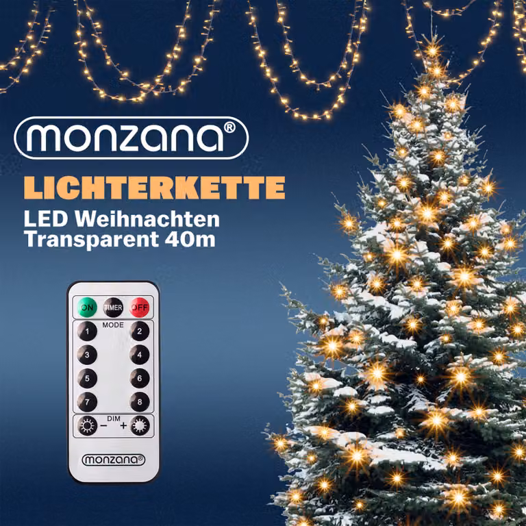 Catena di luci natalizie Monzana con 400 LED bianco caldo e cavo trasparente, lunghezza 40 m, con telecomando e timer, protezione IP44