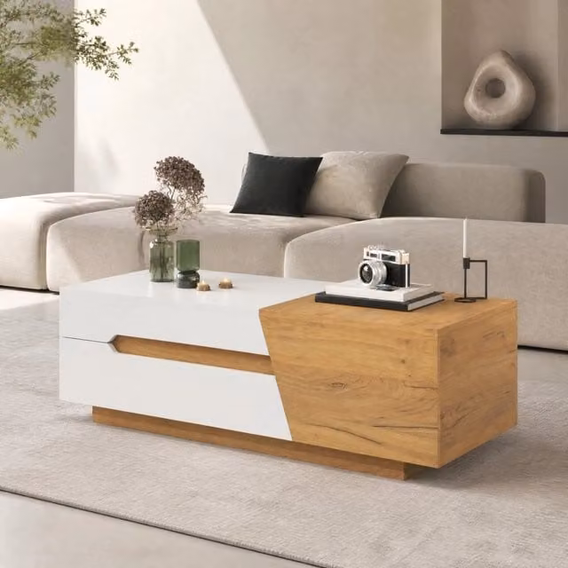 Tavolino basso Mivray con piano scorrevole, due cassetti e vani interni in MDF e legno, bianco e marrone, L/P/H: 120 x 50 x 37.5 cm