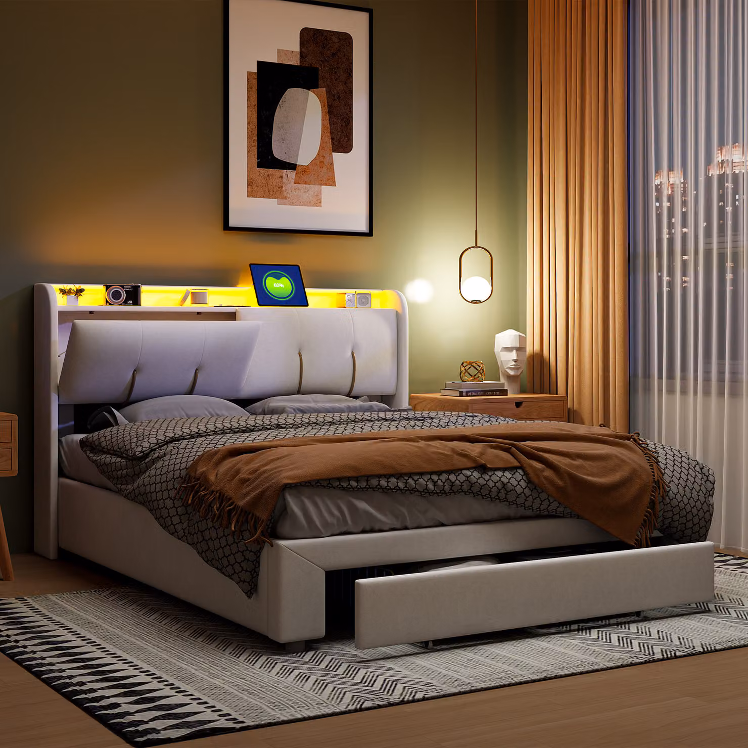 Letto imbottito 140x200 cm, letto singolo con cassetto e rete a doghe, testiera contenitore a LED Letto con contenitore e funzione di ricarica USB, letto contenitore Letti funzionali Struttura letto con schienale, beige