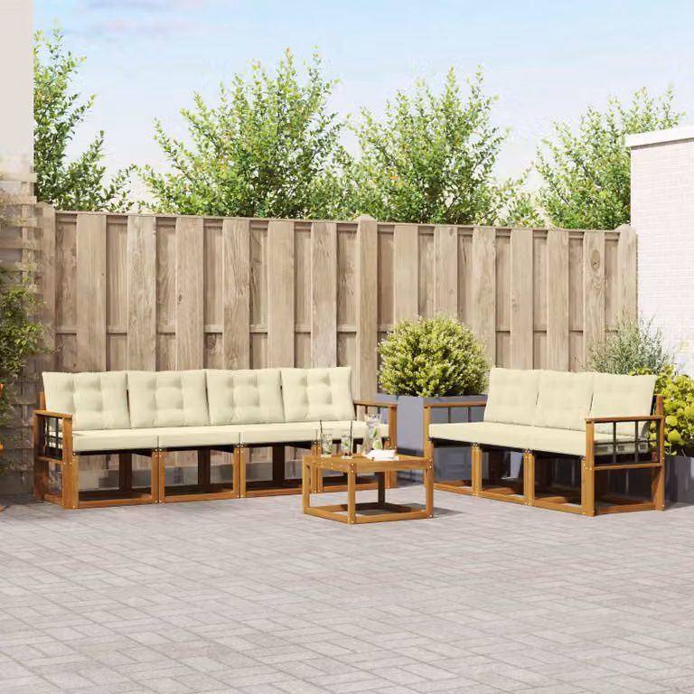 vidaXL Set di divani da esterno 8 pz in legno di acacia con cuscini beige e bianchi e tavolino da caffè