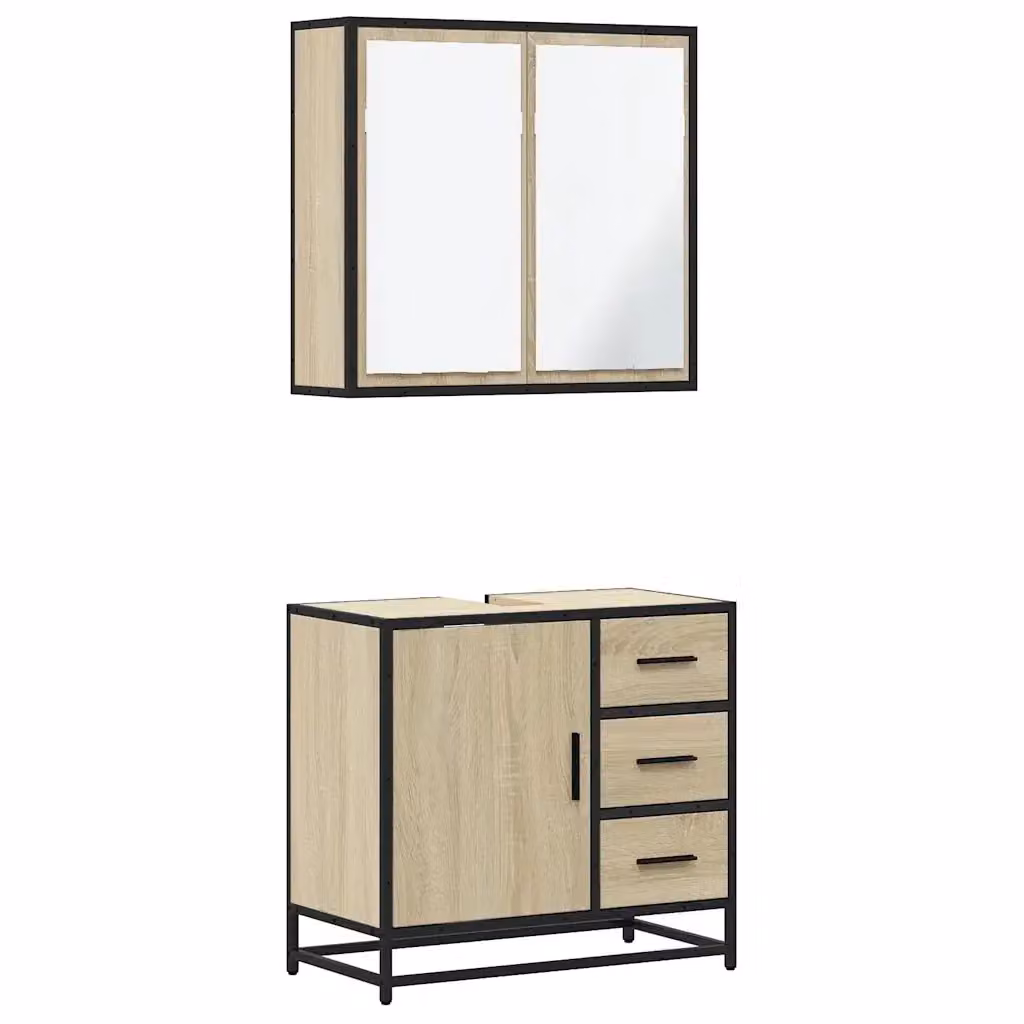 Set Mobili da Bagno Industrial vidaXL in Legno e Metallo, Colore Marrone e Beige, composto da Mobile Lavabo e Armadietto con Specchio – 2