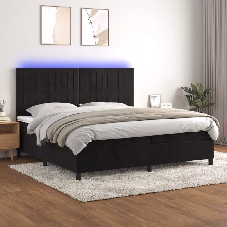 The Living Store Letto a molle con materasso e LED nero 200x200 cm in velluto