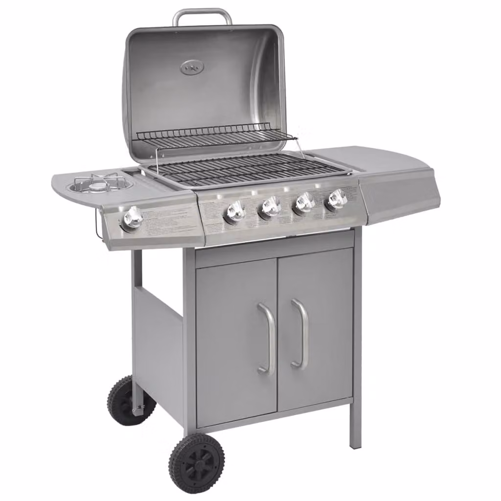 Barbecue a gas con 4 fuochi e piano di cottura aggiuntivo, colore argento