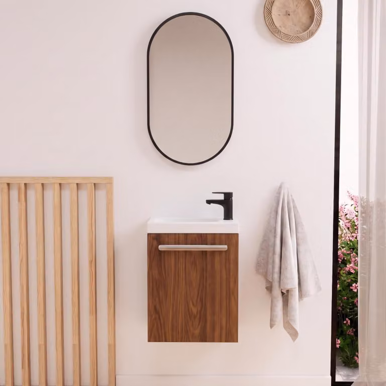 Set lavabo sospeso Nevada con rubinetto nero e specchio ovale