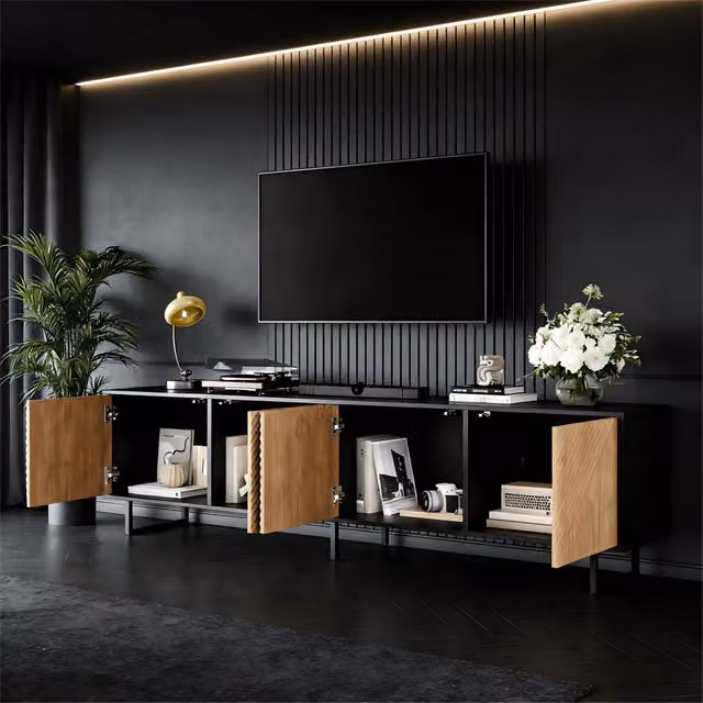 Mobile TV con 4 Ante per Soggiorno ¨C Xylo ¨C Legno Naturale e Nero, 180x40x50 cm