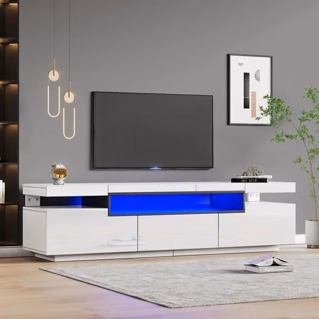 Mobile TV moderno Zephmum bianco lucido con illuminazione LED integrata e 3 cassetti, L: 160 cm, P: 39 cm, H: 42 cm
