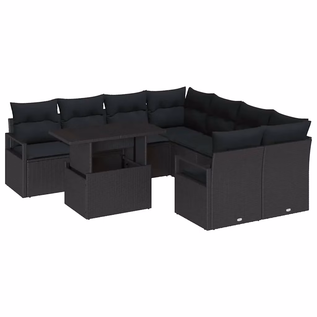 Set da giardino vidaXL a 9 pezzi con divano a L, poltrone e tavolino in rattan nero con struttura in acciaio e cuscini inclusi – 2