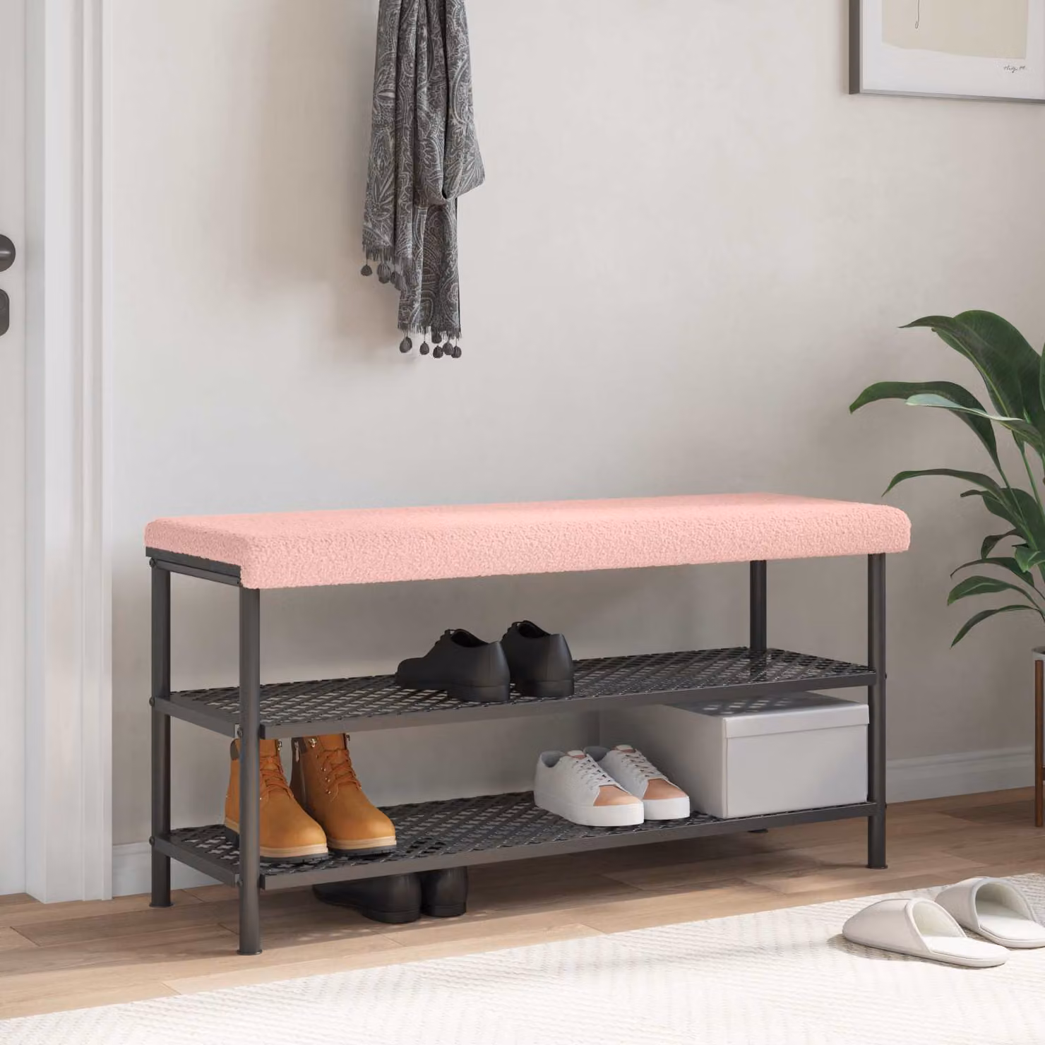 Cuscino per panchina vidaXL in tessuto Sherpa rosa con base antiscivolo e imbottitura in schiuma, L/P: 38 x 38 cm, Profondità: 35 cm