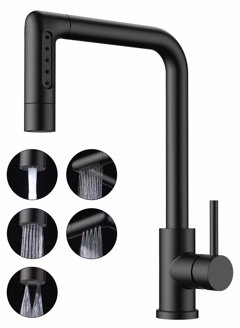 Miscelatore da cucina estraibile, con 5 tipi di getto, girevole a 360°, monocomando, colore nero
