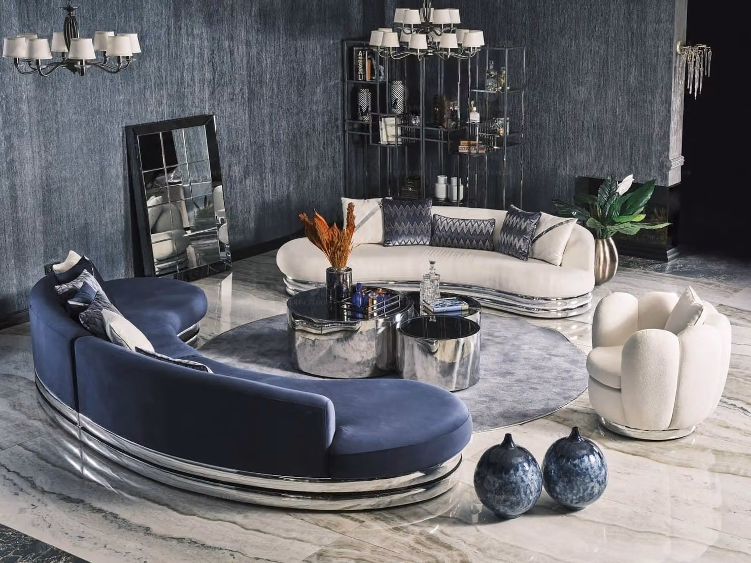 Komplette Couchgarnitur Stoffsofa Polstersofa Couch Blau Set Sofa 3tlg