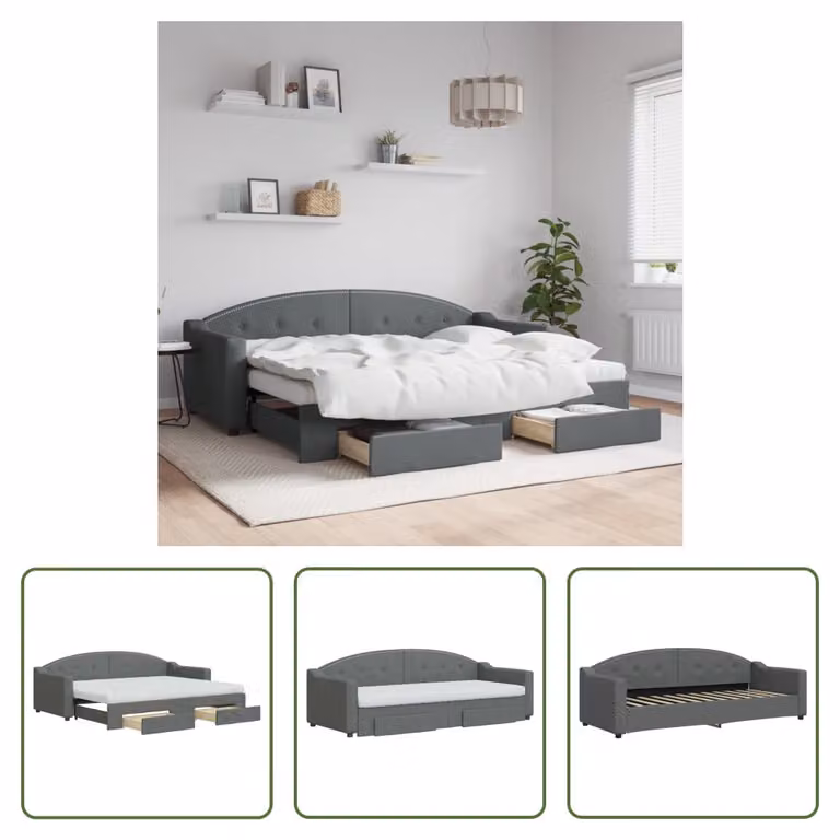 The Living Store Letto da giorno allungabile con cassetti grigio scuro 80x200 cm tessuto
