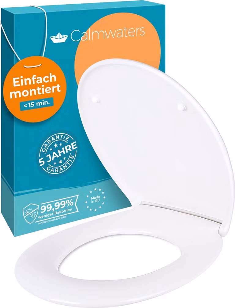Calmwaters® Sedile per WC con chiusura ammortizzata, sedile per WC facile da installare, fino a 250 kg, EU, in duroplast antibatterico, 2 tipi di fissaggio, rimovibile, sedile per WC ovale, sedile per WC bianco
