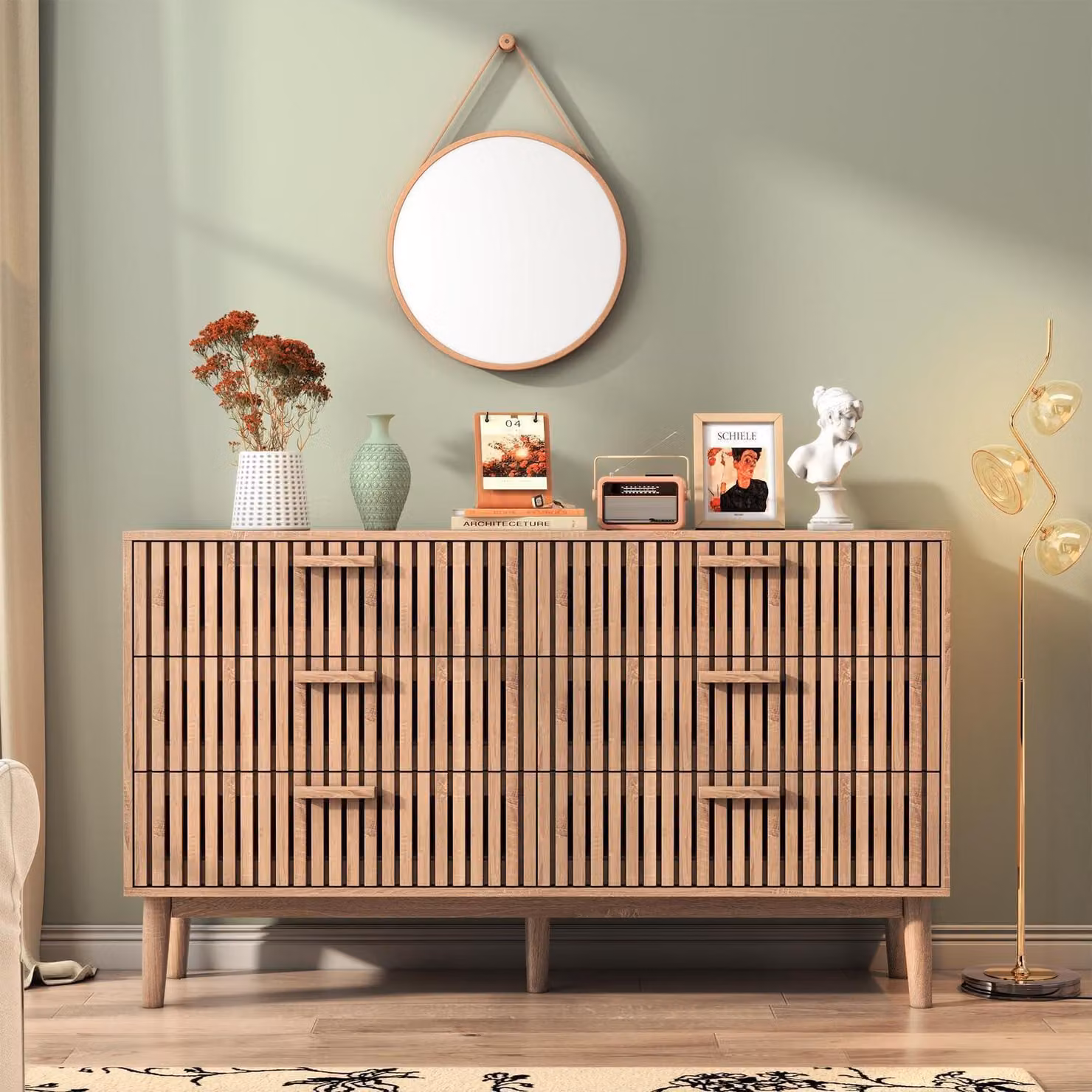 Comodino con 6 cassetti in rattan, dimensioni 100x34x73 cm