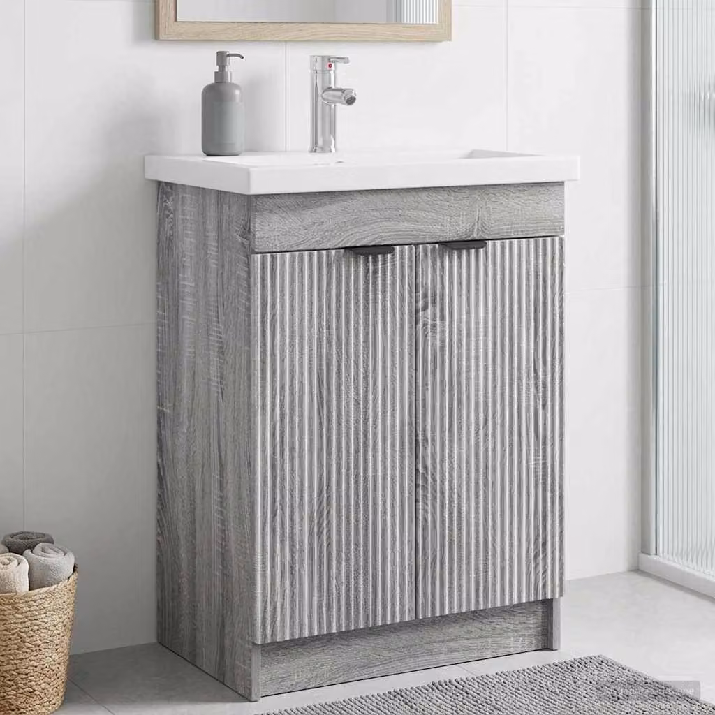 Mobiletto da bagno sotto il lavello vidaXL in stile moderno, colore grigio Sonoma, con ante a cerniera e ripiani interni, L/P/H: 81,0 x 37,5 x 56,0 cm