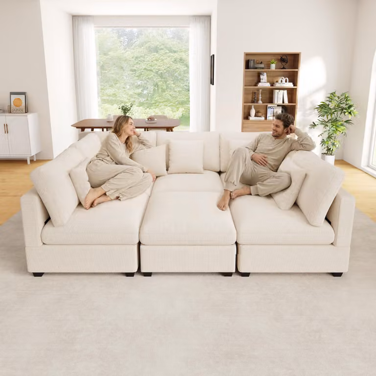 Divano angolare XXL a forma di L, 6 posti, modulare con funzione letto, poggiapiedi con spazio contenitore, tessuto in chenille con trama waffle, 5 cuscini, divano per soggiorno, color beige