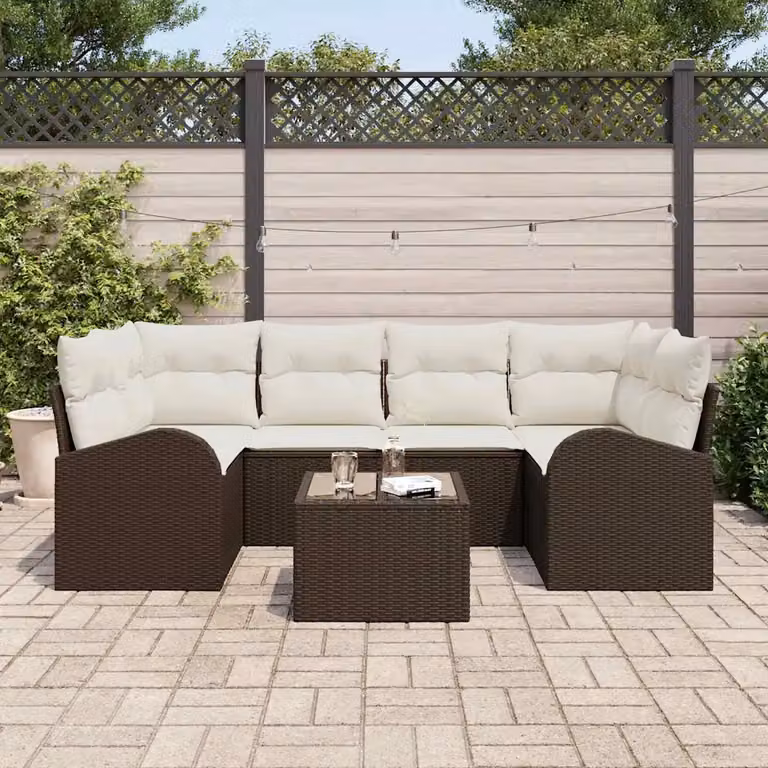 Set Divano da Giardino vidaXL 7 Pezzi in Polyrattan Marrone con Tavolino e Cuscini Imbottiti