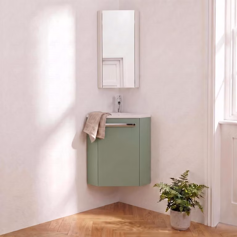 Set lavabo angolare sospeso SKINO con rubinetto e mobile angolare