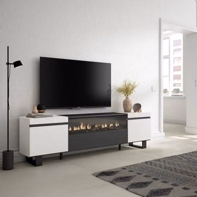 Mobile TV, 200x35x57cm, soggiorno, Per TV fino a 80", Camino elettrico, Design industriale, Bianco e nero RF2206